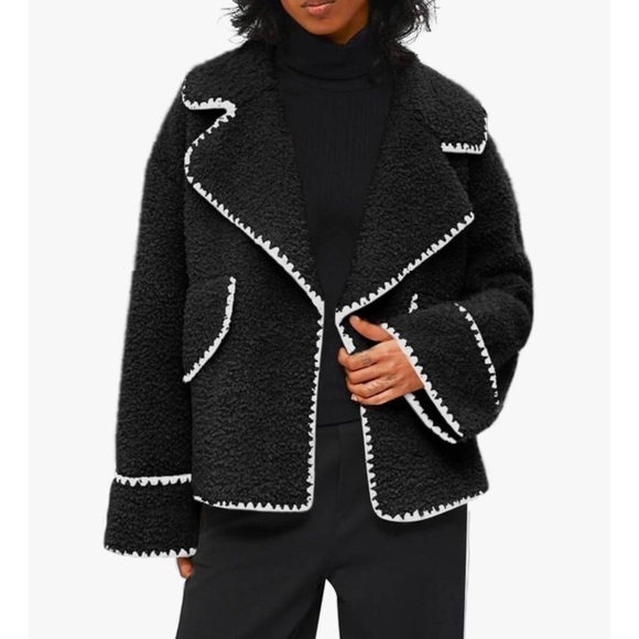 CHOUYATOU • Sherpa Fleece Jacket Casual Collar Fuzzy Coat Contrast Trims - Picture 5 of 7